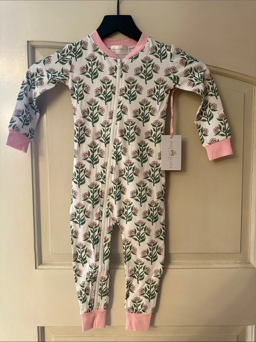 Cecilia Kids Floral Zip-Front Footie Pajamas in Pink Trim